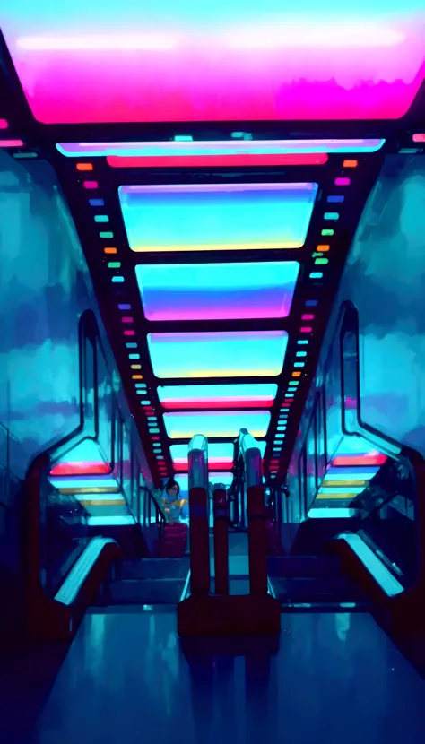 A customary display of colorful escalators in a subway station, Futuristic but colorful shading, Lined with neon tube lights, Colorful lighting, Vapor wave lights, Colorful lighting, Psychedelic lighting, Neon aesthetic, Colorful lighting, with neon lightt...