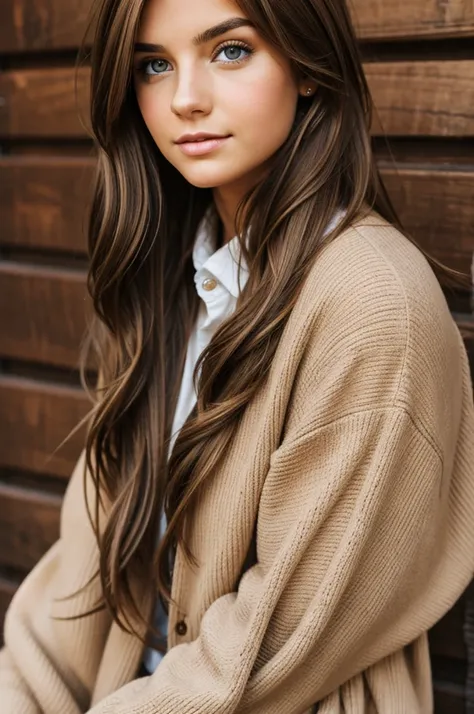 a girl with light brown hair and good style light eyes 