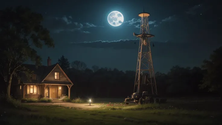 A detailed painting of a rusty, vintage robot watering a plant at night under a full moon. The scene is set in a tranquil, slightly eerie countryside with a small, old house and a distant antenna tower in the background. The robot, with glowing eyes, caref...