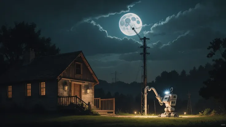 A detailed painting of a rusty, vintage robot watering a plant at night under a full moon. The scene is set in a tranquil, slightly eerie countryside with a small, old house and a distant antenna tower in the background. The robot, with glowing eyes, caref...