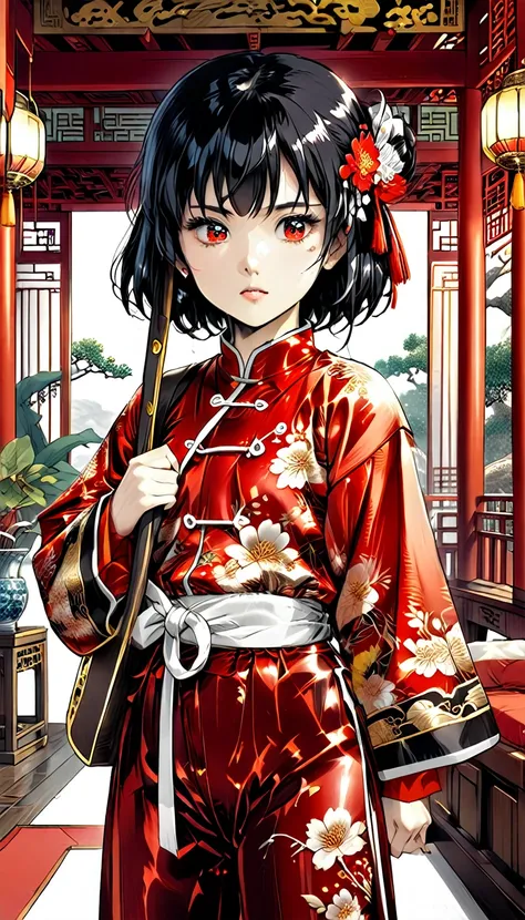 A tragic historical drama in 8k live-action style: Beautiful palace secrets　Beautiful 10 year old Chinese Kung Fu girl Hime with short black hair is forced to wear excrement pants　Gorgeous embroidery, Ultra glossy, She is wearing a shiny red top and bottom...