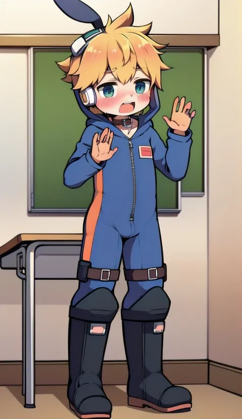 2D Boy Shota，One-piece mountaineering suit，Slim, healthy body，Put the headphones on your head，stand up，goggles，Rabbit ears，happy，Sailor collar，tie，Zipper pulled down，boots，hood，classroom，moan，blush，Raise your hands