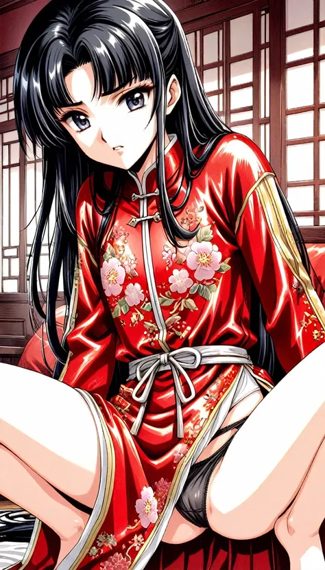 A tragic historical drama in 8k live-action style: Beautiful palace secrets　Beautiful 10 year old Chinese Kung Fu girl with short black hair is forced to wear panties with holes for excretion　Gorgeous embroidery, Ultra glossy, She is wearing a shiny red to...