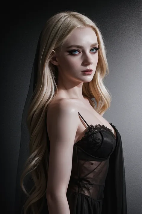 woman pretty, blonde,slick-blonde-slickback-hair,wearing black veil with roses, sheer dress,pale,eyeliner,portrait,no-makeup ,full body, makeup ,pale woman painting, eyeliner wonderful highly detailed masterpiece, beautiful light deep focus, elegant, digit...