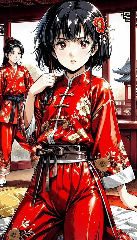 A tragic historical drama in 8k live-action style: Beautiful palace secrets　Beautiful 10 year old Chinese Kung Fu girl Hime with short black hair is forced to wear excrement pants　Gorgeous embroidery, Ultra glossy, She is wearing a shiny red top and bottom...