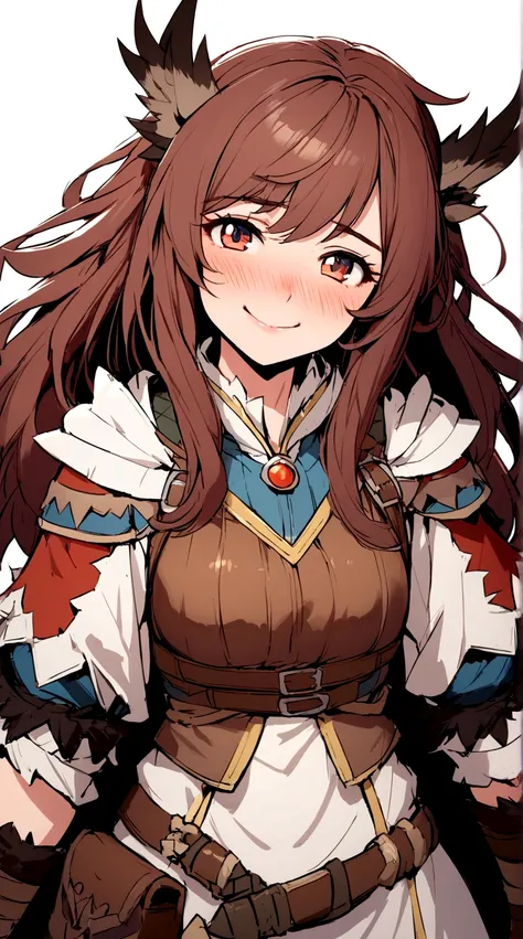 ((monsterhunter)), looking the viewer, solo, girl, shy, red cheek, bashful, embarrassed, smiling, happy, perfect face, muscular,  long hair, beautiful eye, upper body
