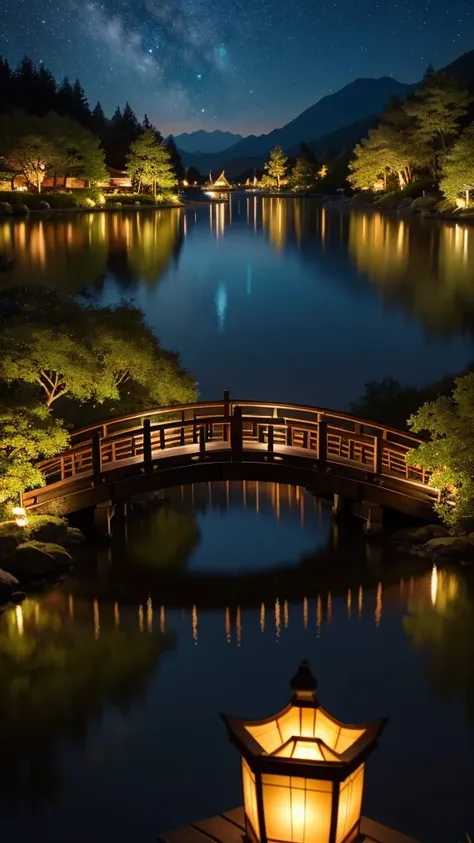 Nightscape inspired by Japanese art, Lantern-lit gardens and a wooden bridge over a tranquil lake. The starry sky is reflected on the water, Create a magical environment. Standing by the lake looking at the distant mountains、There is a small Zen temple lit...