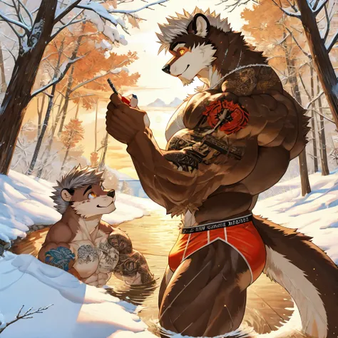 (masterpiece, Best quality:1.2),Asta Otter Teen Boy, winter, body covered in light brown fur, Furry style, Muscle flex, sexual, horny, slender build wild ,full height,very short silver hair,freckles on the body and face,glowing amber eyes,defined muscles,s...