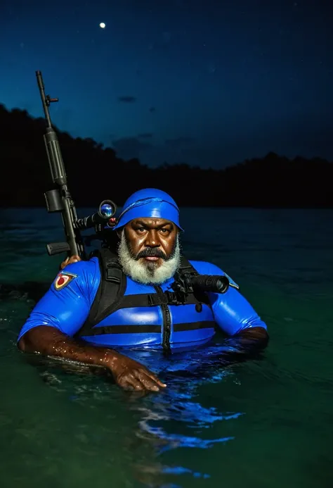 (a dark-skinned bearded fat old man in a bulky blue zipper diver suit) swimming surfacing from sea water at night, carrying a sniper rifle and (wearing army beret), muscular, Basuki Abdullah, sumatraism, action, a character portrait, heroic, fierce, angry