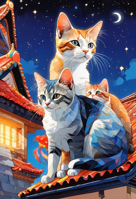 (Highest quality:0.8), (Highest quality:0.8), Perfect illustration,comics, (Alebrijes Art Style),  Complex, 2 adult cats,2 kittens, On the roof, Can display portraits, kind, beauty, soft, 大きなbeautiful目, Volumetric lighting, beautiful, rich, Dark color, mas...