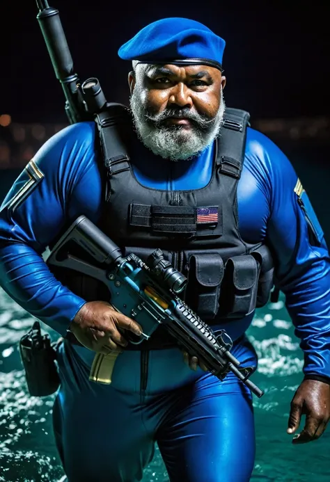 (a dark-skinned bearded fat old man in a bulky blue zipper diver suit) swimming surfacing from sea water at night, carrying a sniper rifle and (wearing army beret), muscular, Basuki Abdullah, sumatraism, action, a character portrait, heroic, fierce, angry