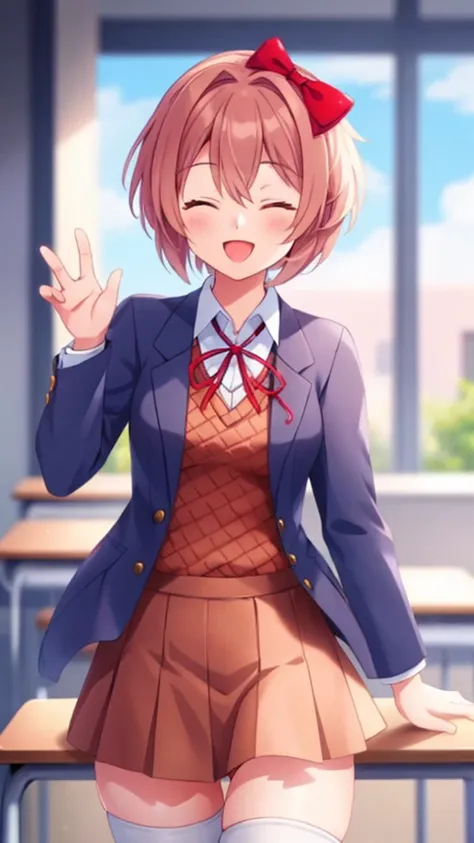 one girl, Sayori, DDLC, Doki Doki Literature Club, hair bow, short hair, school blazer, girl focus, face focus, happy, smile with her eyes closed, cowboy shot, zettai ryouiki, she looks really happy, beauty