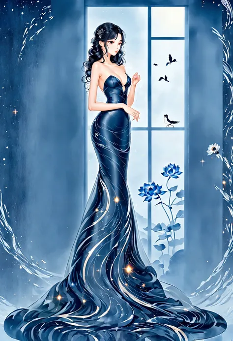 (masterpiece, best quality:1.2),Wavy hair secretary，solitary,Exquisite eyes,Fine black hair，( Smooth skin:1.2)( Wear a gorgeous and sparkling evening gown:1.2)， Slender body proportions，Back，Gorgeous room