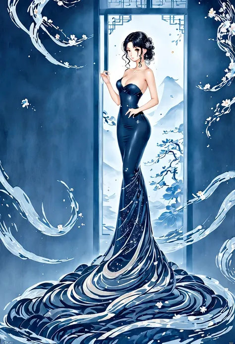 (masterpiece, best quality:1.2),Wavy hair secretary，solitary,Exquisite eyes,Fine black hair，( Smooth skin:1.2)( Wear a gorgeous and sparkling evening gown:1.2)， Slender body proportions，Back，Gorgeous room