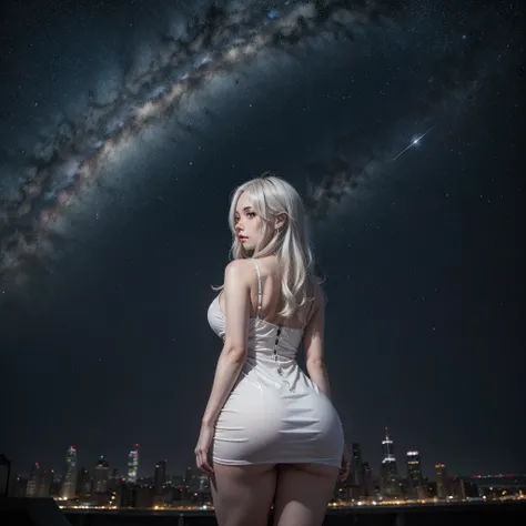 A detailed portrait of a girl outdoors at night, looking at the starry sky with the milky way, rear image, surrounded by a night cityscape with buildings silhouetted against the night sky, long white hair. wearing a slightly revealing dress, sexy legs, cur...