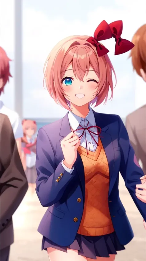 one girl, Sayori, DDLC, Doki Doki Literature Club, hair bow, short hair, school blazer, girl focus, face focus, happy, smile with her eyes closed, cowboy shot