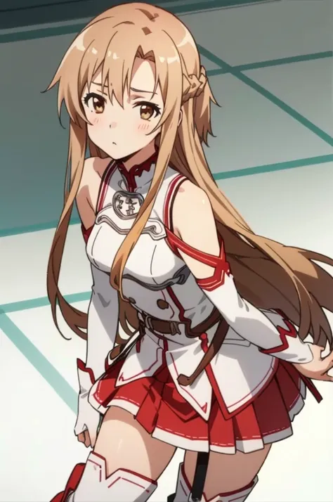 (masterpiece, best quality),  intricate details,
1girl,  yuuki asuna, kizukiai, brown hair, brown eyes, medium breasts, long hair, braid, kotbo, white gloves, white uniform, white boots, red skirt, red straps,