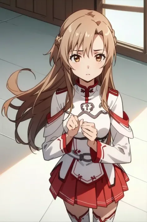 (masterpiece, best quality),  intricate details,
1girl,  yuuki asuna, kizukiai, brown hair, brown eyes, medium breasts, long hair, braid, kotbo, white gloves, white uniform, white boots, red skirt, red straps,