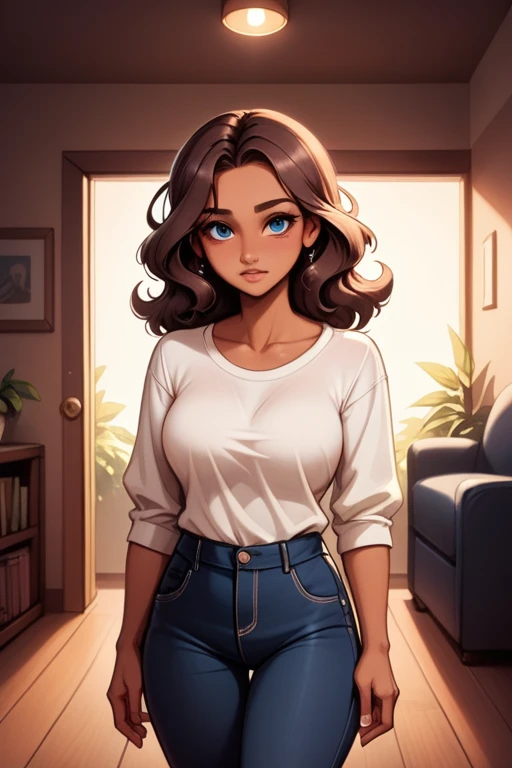 young woman; shoulder-length wavy brown hair; softly-tanned-skin; blue eyes; girl-next-door; soft features; beautiful; large breasts; casual clothing; plain white blouse "3/4 sleeves" and no graphic; form-fitting tan trousers; in a living room; saucy pose;...