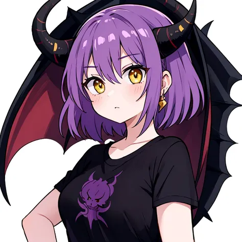 masterpiece, Highest quality, One Woman, Purple Hair, Yellow Eyes, Short Hair, piece, Black T-shirt, Dragon&#39;s Horn