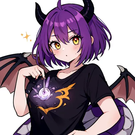 masterpiece, Highest quality, One Woman, Purple Hair, Yellow Eyes, Short Hair, piece, Black T-shirt, Dragon&#39;s Horn