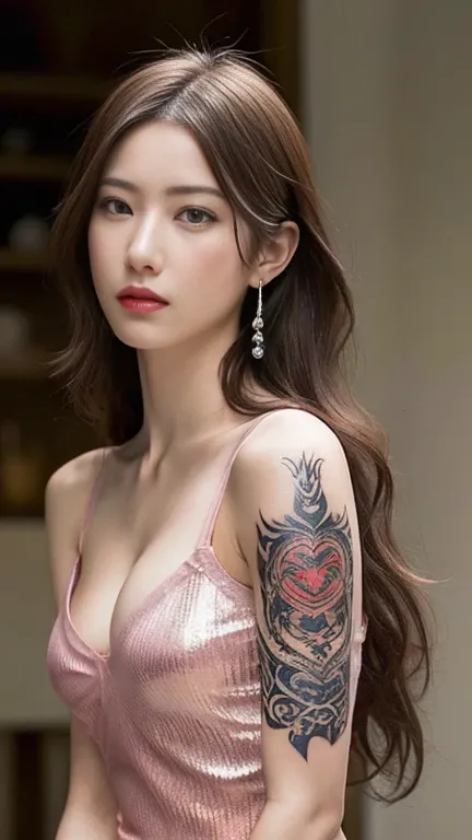 Anime-style woman, thin, thin, whole body, Full of tattoos, Lots of earrings, Beautiful and shiny hair, Rainbow Eyes, Slanted Eyes, Wavy Hair, Kind and charming, shoulderを露出させる, Delicate and sexy collarbone, Attractive oval face, double eyelid, Pink Lips, ...