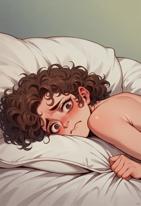 A woman is lying in bed, wearing nothing, red cheeks, no make-up, long eyelashes, embarrassed expression, embarrassed expression, short curly hair, soft light. , emphasize the face, masterpiece, highest resolution