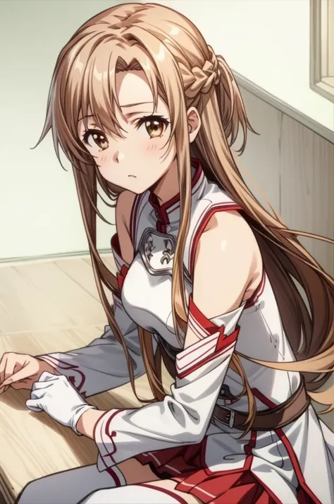 (masterpiece, best quality),  intricate details,
1girl,  yuuki asuna, kizukiai, brown hair, brown eyes, medium breasts, long hair, braid, kotbo, white gloves, white uniform, white boots, red skirt, red straps,