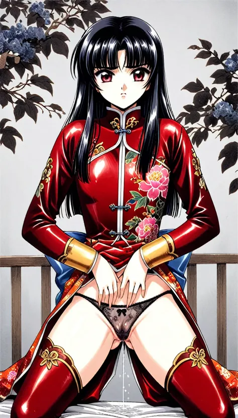 A tragic historical drama in 8k live-action style: Beautiful palace secrets　Beautiful 10 year old Chinese Kung Fu girl with short black hair is made to wear shiny panties exposing her pooping pussy　Gorgeous embroidery, Ultra glossy, She is wearing a shiny ...