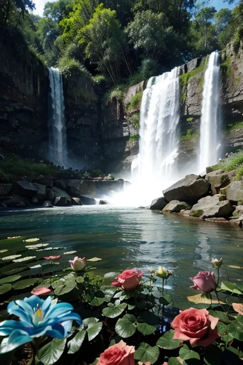 blue lily roses around a beautiful waterfall with rainbow