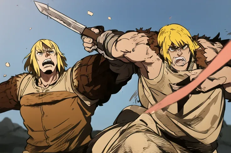 1 man, standing, 2 daggers, holding daggers on both hands, fighting stance, angry face, vinstyle, thorfinn, yellow hair