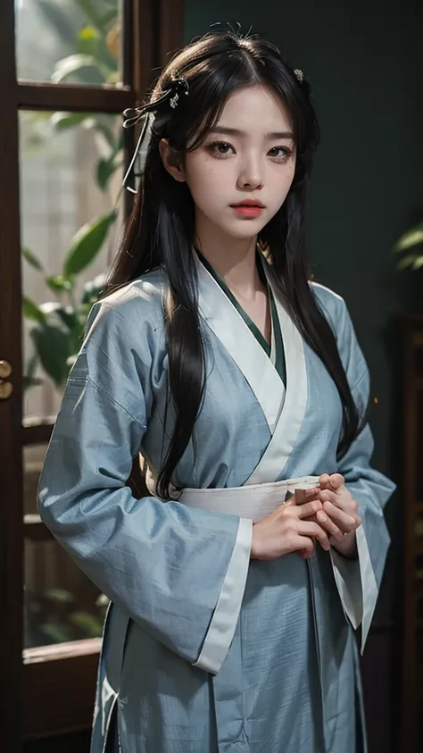 (Fidelity: 1.4), ((Black Hanfu)), Big Sleeves, Small Rings, Kan Tashi, Mole Under Eyes, Denim Lens, Bokeh, Perspective Shortening, Negative Space, Chiaroscuro, Depth of Field, Ray Tracing, Masterpiece, Anatomically Correct, Textured Skin, Best Quality, 8K,...