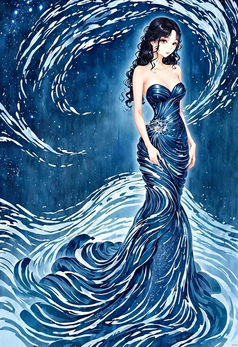 (masterpiece, best quality:1.2),Wavy hair secretary，solitary,Exquisite eyes,Fine black hair，( Smooth skin:1.2)( Wear a gorgeous and sparkling evening gown:1.2)， Slender body proportions，Back，Gorgeous room