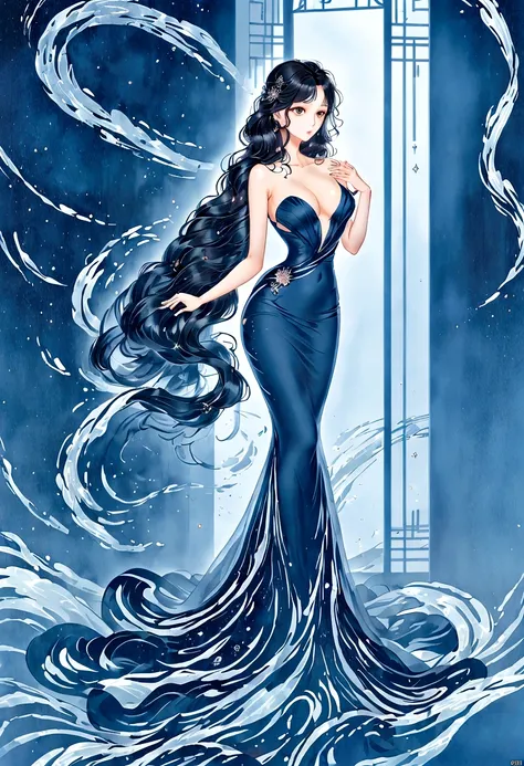 (masterpiece, best quality:1.2),Wavy hair secretary，solitary,Exquisite eyes,Fine black hair，( Smooth skin:1.2)( Wear a gorgeous and sparkling evening gown:1.2)， Slender body proportions，Back，Gorgeous room