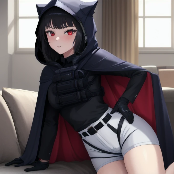 Solo, 1girl, dnikke, long sleeves, hood up, black shirt, gloves, shorts, cloak, cape, belt, tactical clothes, living room, sexy pose, best quality,