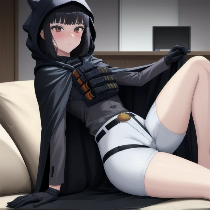 Solo, 1girl, dnikke, long sleeves, hood up, black shirt, gloves, shorts, cloak, cape, belt, tactical clothes, living room, sexy pose, best quality,