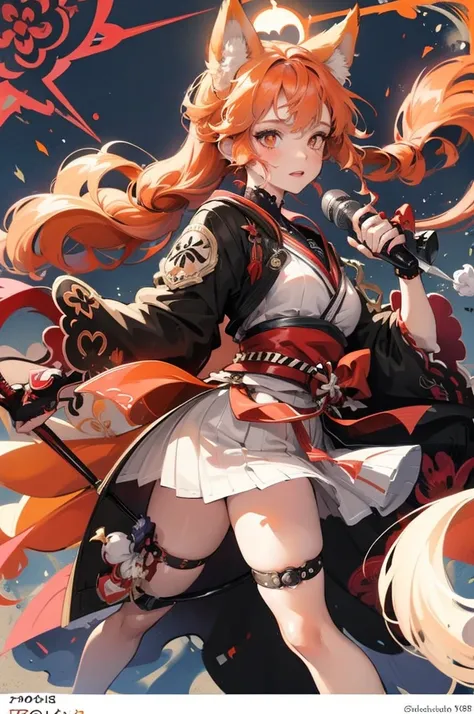 Goddess, girl with orange hair and fox ear, red eyes, wearing red white orange kimono, character design sheet, simple anime style, Big Moon, fire , dynamic light, cinematic light, complicated background