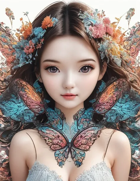 girl，portrait，Vector Art，Vector Art：1.2，Floral Pattern：1.1，Geometric elements，Sharp lines，X-rays，Neon Colors，beautiful eyes，Color Palette，Line Art，Hair and Butterfly Transformation，Symmetrical balance，Fantasy elements，Dreamy atmosphere，Geometric symmetry，S...