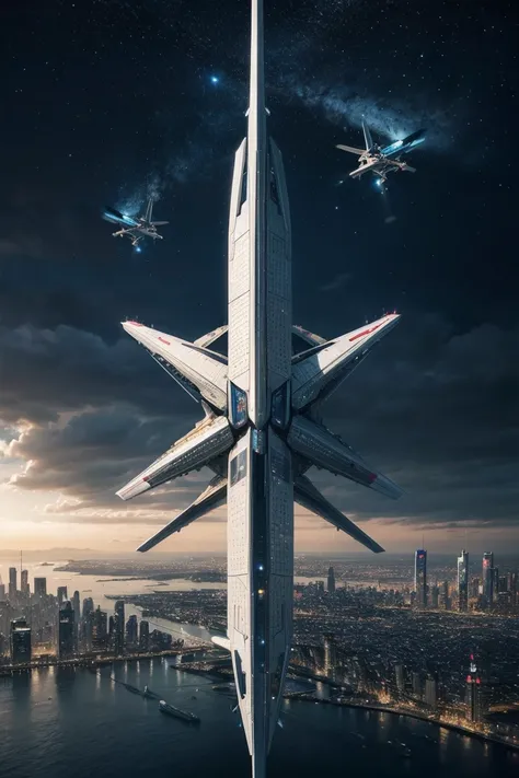 Creating futuristic surreal artwork, Imagine a city floating in the sky, Complex building structures，Advanced technology. Describe this future city in detail, Capturing bright lights, The sky is crisscrossed with suspended platforms and airplanes.  