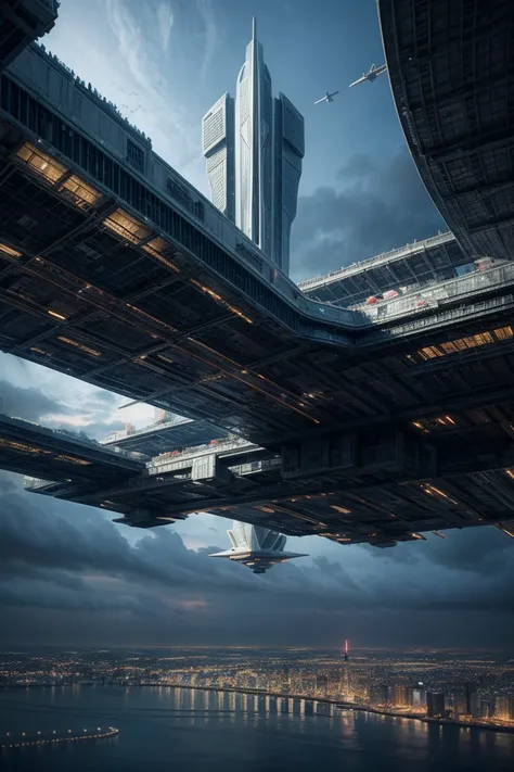 Creating futuristic surreal artwork, Imagine a city floating in the sky, Complex building structures，Advanced technology. Describe this future city in detail, Capturing bright lights, The sky is crisscrossed with suspended platforms and airplanes.  