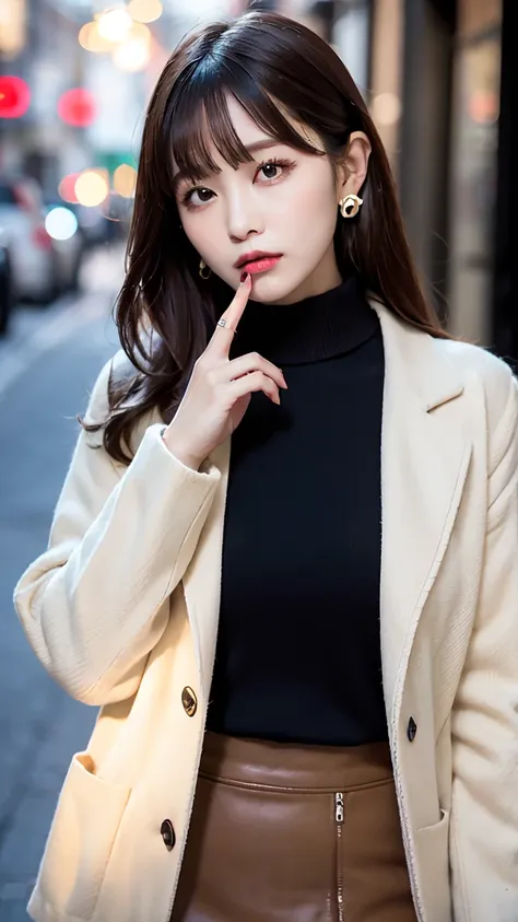 Characteristic,, , One girl, Ahoge, bangs, black skirt, black sweater, Blue Claws, Blurred, Blurred background, chest, Brown eyes, Brown Hair, brown Jacket, Mouth closed, Day付付き, Day, Depth of written boundary, Earrings, eyelash, Raise your hand, Tilt your...