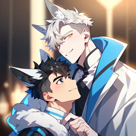 2 young men, focus man , Yaoi, pair,smile, short hair, silver blonde hair, golden eyes, Fox ears, Foxtail, black hair, Undercut style, black eyes , The best aesthetics , best quality, Amazing quality, The best aesthetics