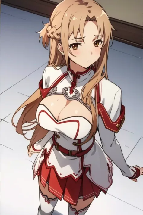 (masterpiece, best quality),  intricate details,big breasts,looking viewer,
1girl,  yuuki asuna, kizukiai, brown hair, brown eyes, , long hair, braid, kotbo, white gloves, white uniform, white boots, red skirt, red straps,cleavage cutout