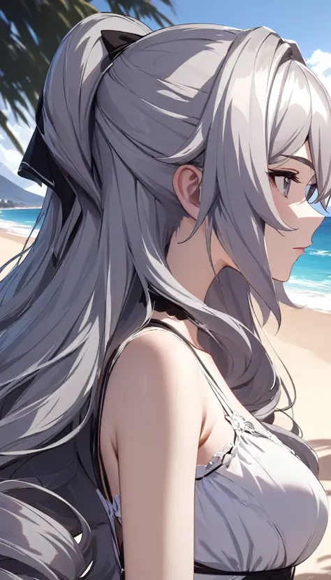 (((masterpiece))), (portrait), scattered light, Dynamic Shadows, Clear focus, detailed, Dress , Anatomically correct, A loving face, Beach with mountain background, looking off to the side, Bronya, whole body, Bronya,front