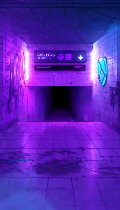 Purple and blue graffiti on a wall in a subway station, Ultraviolet and neon colors, Neon basement, Steam wave lighting, A street illuminated in purple, Vapor wave lights, Purple volumetric lighting, Purple neon light, Lined with neon tube lights, Dark neo...