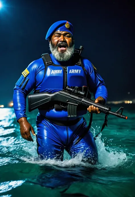 (a dark-skinned bearded fat old man in a bulky blue zipper diver suit) swimming surfacing from sea water at night, carrying a sniper rifle and (wearing army beret), muscular, Basuki Abdullah, sumatraism, action, a character portrait, heroic, fierce, shouti...