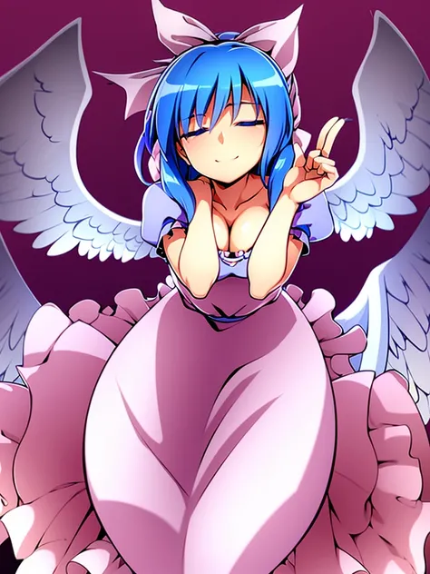 masterpiece, best quality, 1girl, , , 10 years old, medium blue hair, hair flaps, pink ribbon on head, well-formed face, blue eyes, angel girl, white blouse, puffy short sleeves, red ribbon, angel wings, long white skirt, red shoes, frills, ribbon head, fr...