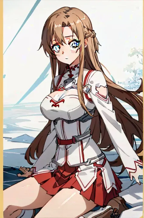 (masterpiece, best quality),  intricate details,big breasts,looking viewer,
1girl,  yuuki asuna, kizukiai, brown hair, brown eyes, , long hair, braid, kotbo, white gloves, white uniform, white boots, red skirt, red straps,cleavage cutout