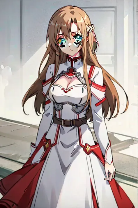 (masterpiece, best quality),  intricate details,big breasts,looking viewer,
1girl,  yuuki asuna, kizukiai, brown hair, brown eyes, , long hair, braid, kotbo, white gloves, white uniform, white boots, red skirt, red straps,cleavage cutout