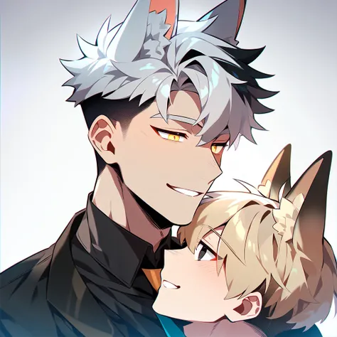 2 young men, focus man , Yaoi, pair,smile, short hair, silver blonde hair, golden eyes, Fox ears, black hair, Undercut style, black eyes , The best aesthetics , best quality, Amazing quality, The best aesthetics